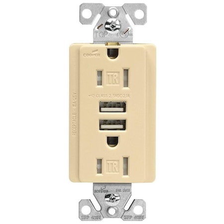 EATON TR7755VKL Receptacle, 15 A, 125 V, 2 USB Port, NEMA NEMA 515R, Ivory